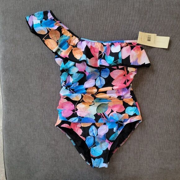 Gottex Woman Color Rush Ruffled One Shoulder black floral One Piece Swimsuit 12 - Picture 10 of 15